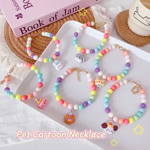 Cute Cartoon Pet Necklace Macaron Colorful Beaded Collar With Animal Pendant For Dogs And Cats Adjustable Jewelry Necklace