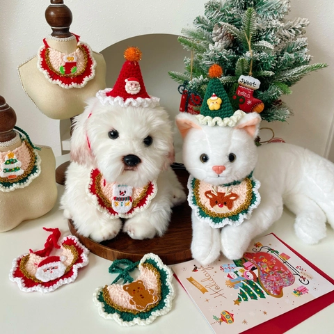 Conjunto de Babero y Sombrero de Navidad para Mascotas de Ganchillo Hecho a Mano Bufanda de Punto para Perros Gatos Fiesta Navidad Santa Claus