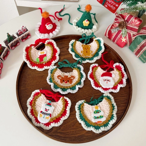 Conjunto de Babero y Sombrero de Navidad para Mascotas de Ganchillo Hecho a Mano Bufanda de Punto para Perros Gatos Fiesta Navidad Santa Claus