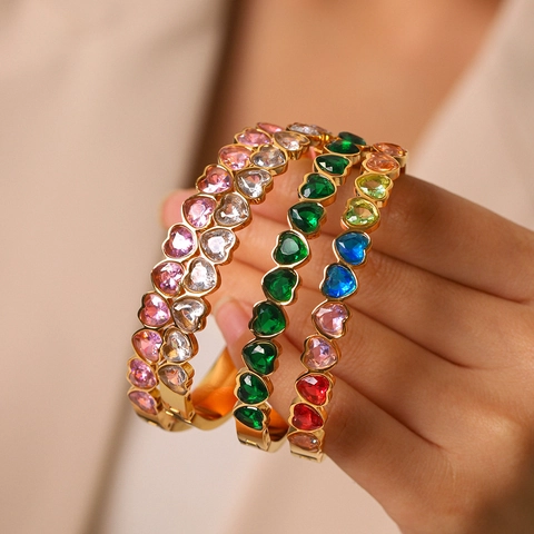 Stainless Steel Gold Plated Heart Shaped Zirconia Bangle For Women European American Style Colorful Heart Jewelry Bracelet