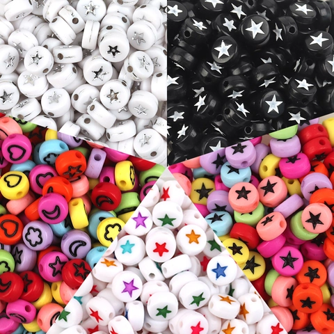 Acrylic Flat Round Beads Star Heart Moon Flower Smile Face Gold Silver Pattern DIY Jewelry Making Spacer Beads