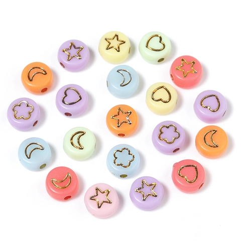 Acrylic Flat Round Beads Star Heart Moon Flower Smile Face Gold Silver Pattern DIY Jewelry Making Spacer Beads
