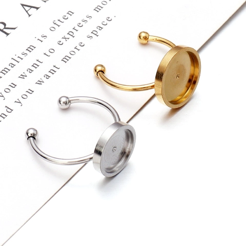 Minimalist Stainless Steel Open Ring Setting Base Round Flat Bezel Tray For DIY Jewelry Making Adjustable Ring Finding