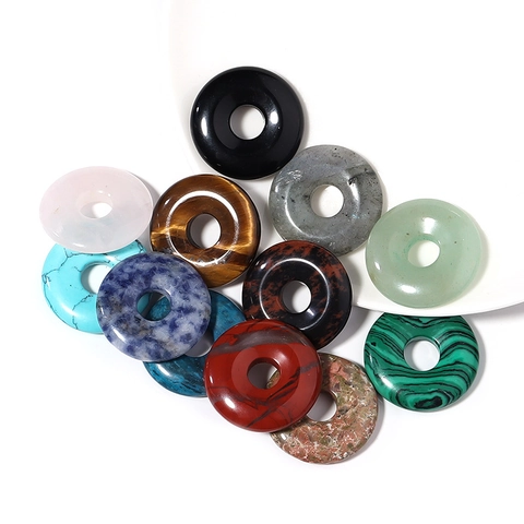 Natural Stone Pi Disc Pendants DIY Agate Tiger Eye Crystal Donut Beads Polished Jewelry Making Findings For Necklace Bracelet