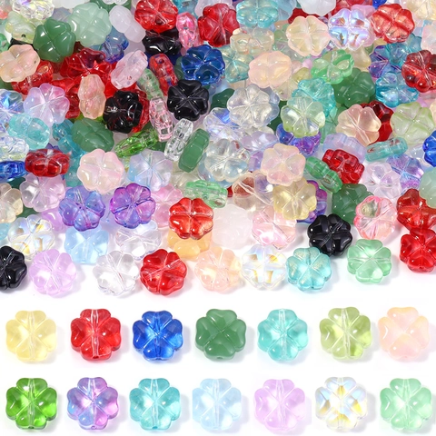 Cuentas de Vidrio de Lámpara de Trébol de Cuatro Hojas de Colores Flores Perladas Transparentes Cuentas Espaciadoras para DIY