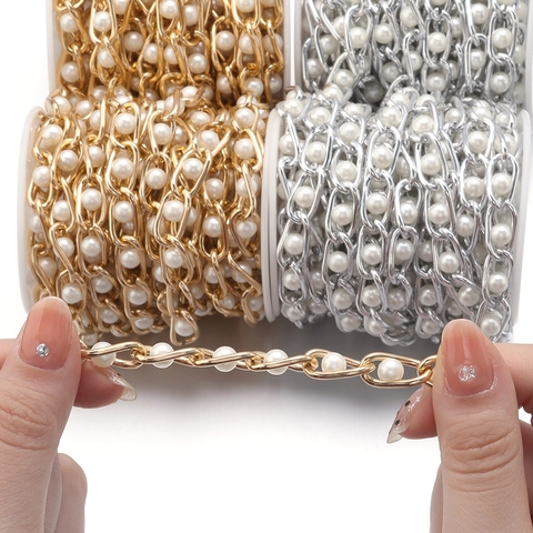 Aluminum Artificial Pearl Chain Strap For Bags Jewelry DIY Making Electroplated Metal Link Chain Roll Gold Silver Accessory