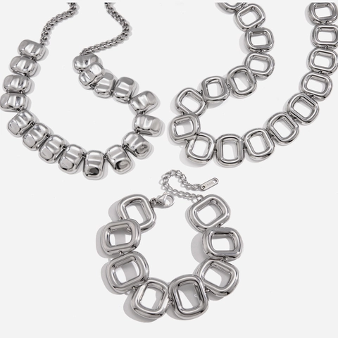 Set di Gioielli in Acciaio Inossidabile Argento Stile Europeo Americano Per Donna Set Collana e Bracciale a Maglie Rettangolari Arrotondate Impermeabile Ipoallergenico Accessori Moda Nicchia