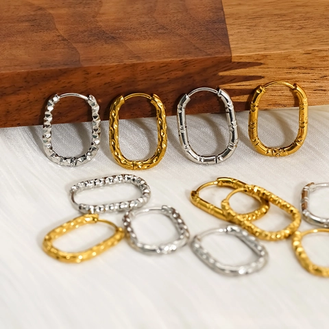Ins Niche Oval Textured Hoop Earrings 304 Stainless Steel PVD Gold Plated Irregular Geometric Ear Jewelry For Women