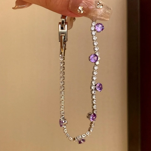Women Copper Zirconia Grape Bracelet Purple Round Gemstone Inlaid Light Luxury Niche Exquisite Fashion Jewelry Hand Chain Gift