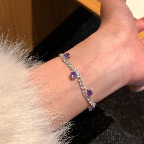 Women Copper Zirconia Grape Bracelet Purple Round Gemstone Inlaid Light Luxury Niche Exquisite Fashion Jewelry Hand Chain Gift