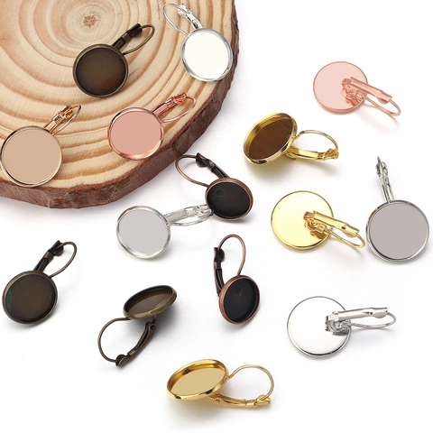 Iron Leverback Earring Hooks With Copper Round Bezel Tray Settings For Cabochon DIY Jewelry Making Findings Multiple Colors