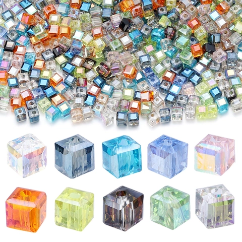 Crystal Glass Cube Beads Faceted Artificial Crystal Loose Beads With AB Coating For DIY Bracelet Jewelry Making Handicraft Spacer Beads