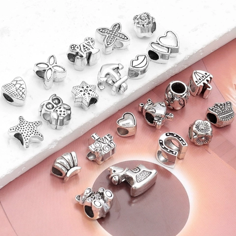 Perles en Alliage Argent Antique à Grand Trou Cœur Ancre Formes d'Animaux DIY Création de Bijoux Breloques pour Bracelet Collier
