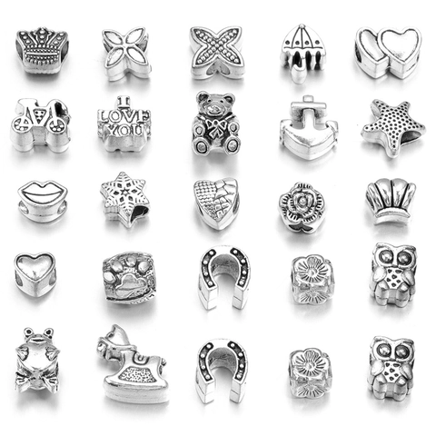 Perles en Alliage Argent Antique à Grand Trou Cœur Ancre Formes d'Animaux DIY Création de Bijoux Breloques pour Bracelet Collier