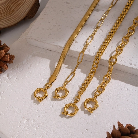 Stainless Steel 18K Gold Plated Spring Buckle Pendant Necklace Minimalist Snake Paperclip Curb Link Chain Jewelry For Women Men