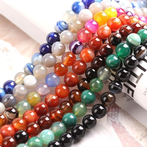 Natural Striped Agate Loose Round Beads For DIY Jewelry Making Bracelet Necklace Material Polished Stone Beads
