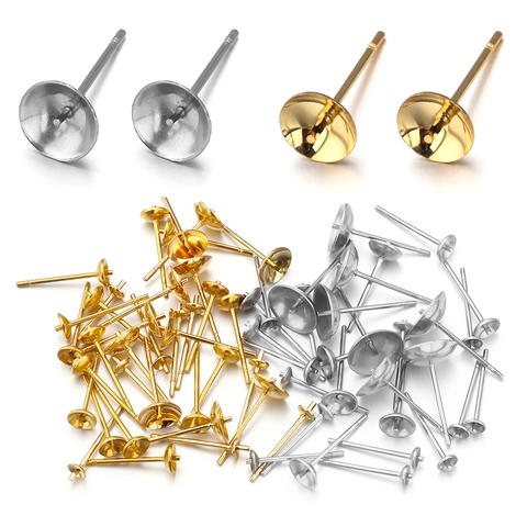 Stainless Steel Earring Posts Cup Tray Stud Base DIY Jewelry Findings For Artificial Pearl Bead Setting Handmade Earring Components