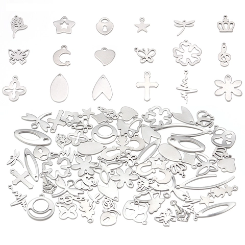 Polished Stainless Steel Pendants Mixed Shapes Butterfly Heart Cross Star Crown For DIY Jewelry Making Findings Steel Color