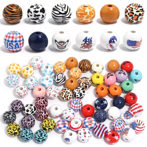 Perles Imprimées en Bois d'Érable Fleur Papillon Drapeau USA Motif Animal Perles en Bois pour Bijoux DIY