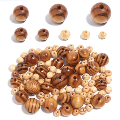 Perles Rondes en Bois de Pin Rayées Naturelles pour Création de Bijoux DIY Perles en Bois Polies pour Bracelets Colliers