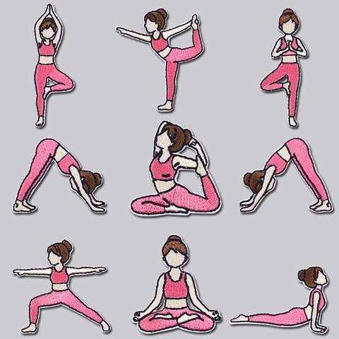 Cartoon Yoga Mädchen Stickerei Aufnäher Pink Serie Sportliche Posen Zum Aufbügeln Applikation Für DIY Kleidung Rucksack Mützen Dekoration