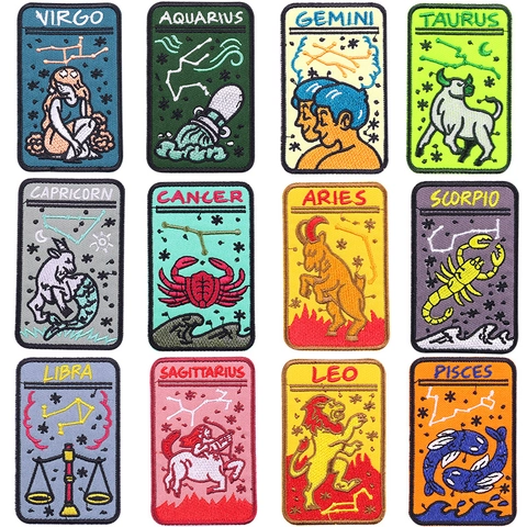 12 Sternzeichen Zodiac Bestickt Patches Für Kleidung DIY Aufbügler Applikation Jungfrau Zwillinge Wassermann Stier Krebs Skorpion Schütze Steinbock Waage Widder Fische Löwe Dekoflicken