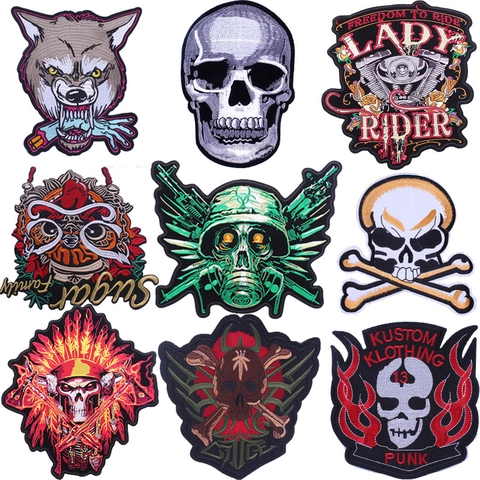 Écusson Brodé Punk Gothique Motard Crâne Loup Masque Indien Thermocollant à Coudre Applique pour Veste Gilet Vêtements