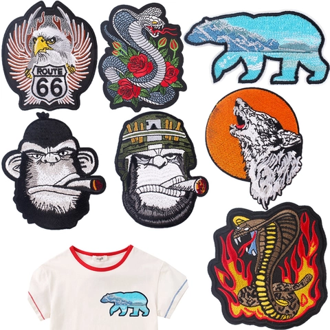 Tier Schlange Gorilla Wolf Adler Stickerei Aufnäher Bestickt Aufbügeln Applikationen Für Kleidung Taschen DIY Zubehör
