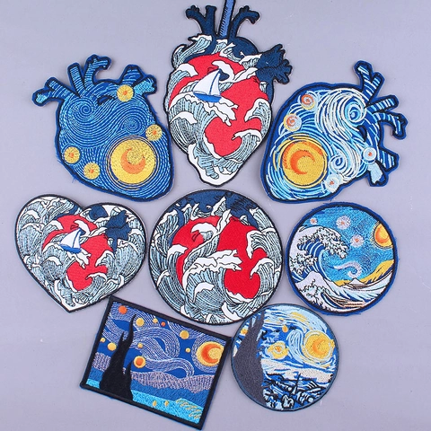 Artistieke Geborduurde Patches Strijkapplicaties Van Gogh Sterrennacht Golven Hart Decoratieve Borduurwerk Voor Kleding Tassen