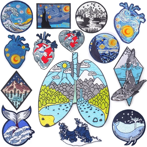 Parche Bordado Van Gogh Noche Estrellada Hokusai Gran Ola Aplicación de Tela Artística para Ropa Mochila Parche DIY