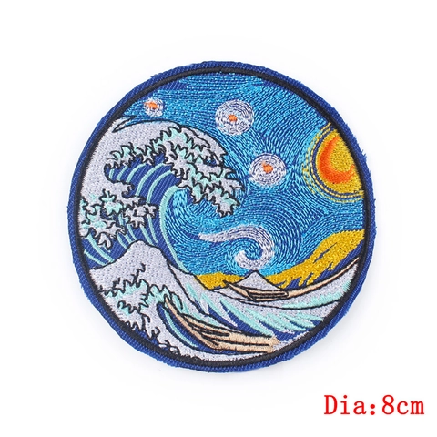 Parche Bordado Van Gogh Noche Estrellada Hokusai Gran Ola Aplicación de Tela Artística para Ropa Mochila Parche DIY