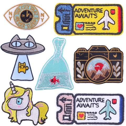Cartoon Bestickte Aufnäher Für Kleidung DIY Aufbügeln Reise Ticket UFO Katze Dekorative Stickerei Applikationen Zubehör