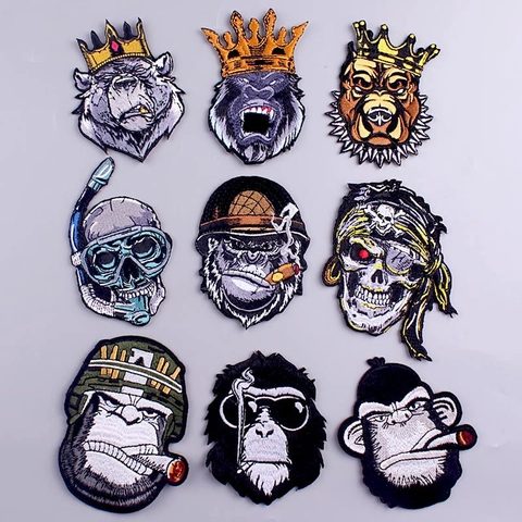 Punk Gorilla Stickerei Aufnäher Krone Totenkopf Hund Bär Bestickte Patches Für Kleidung Tasche Hut DIY Deko Accessoire