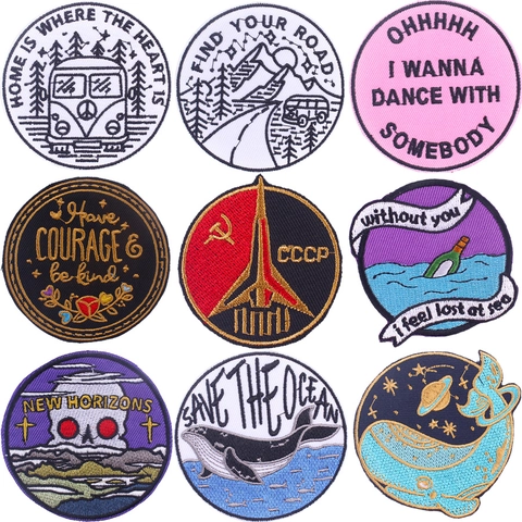 Cartoon Round Embroidered Patch For Clothing Polyester Adventure Landscape Slogan Patch DIY Iron On Clothing Decoration