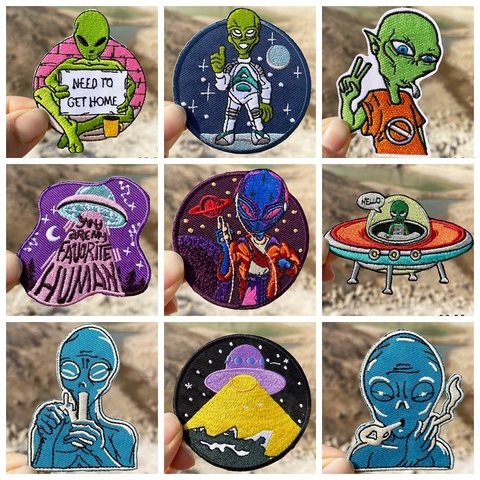 Toppe Ricamate Cartone Animato Alieno UFO Per Abbigliamento Fai Da Te Tema Spaziale Toppa Termoadesiva Distintivi Ricamo