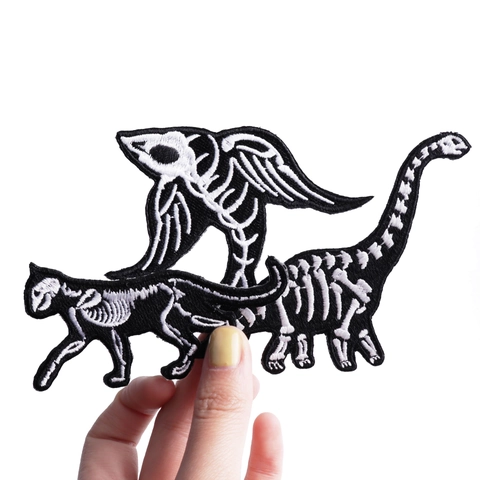 Écussons Brodés Squelette d'Animal pour Vêtements DIY Thermocollants Oiseau Chat Dinosaure Style Gothique Punk Applique