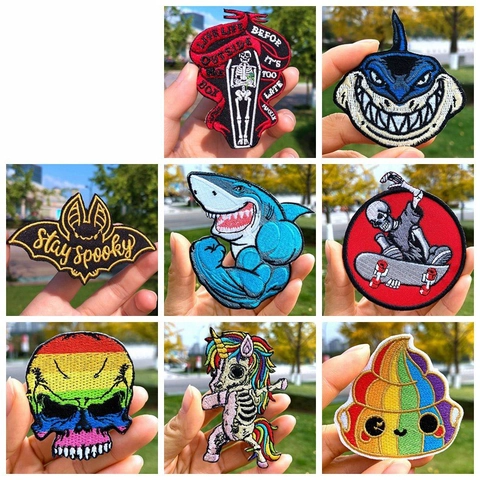 Dibujos Animados Arcoíris Unicornio Tiburón Esqueleto Parches Bordados Bricolaje Ropa Planchar Apliques Coser Insignia Para Chaquetas Mochilas