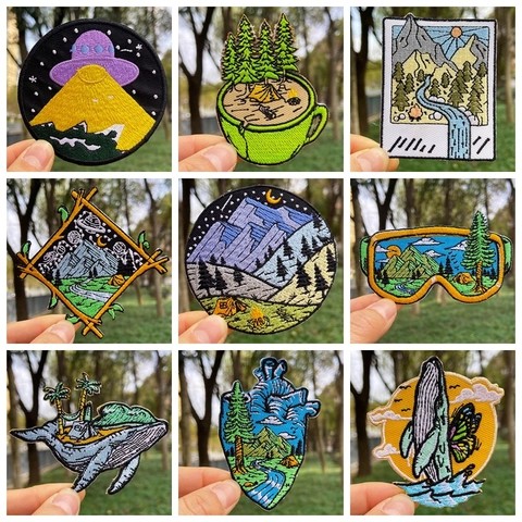 Outdoor Abenteuer Camping Landschaft Stickerei Patches Zum Aufbügeln Sternenhimmel Berg Stern UFO Wal DIY Kleidung Applikation