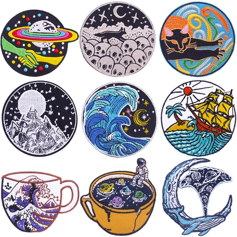 Parches Bordados Mixtos Para Ropa Aplicación Termoadhesiva Ola Astronauta Montaña Gato Calavera Insignia Decorativa DIY Reparación
