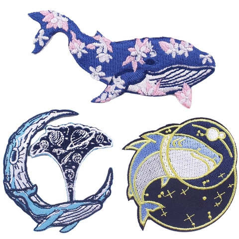 Cartoon Whale Shark Moon Star Embroidery Patch DIY Decorative Apparel Accessory Starry Sky Marine Life Cloth Patch