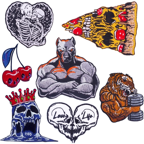 Toppa Ricamata Punk da Stirare Adesivo in Tessuto Fai da Te Animale Muscoloso Tigre Cane Teschio Cuore Ciliegia Pizza Design Per Vestiti Borsa Giacca