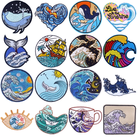 Parches Bordados Artísticos de Olas de Mar y Ballena Estilo Ukiyo-e Parches Termoadhesivos para Ropa Camiseta Mochila Aplique Decorativo DIY
