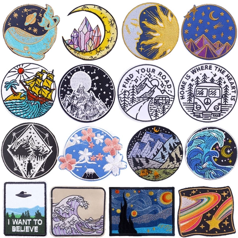 Patch Ricamate da Stirare Applicazioni per Vestiti Borse DIY Artistiche Monte Fuji Cielo Stellato Onda Toppe Ricamate Decorative