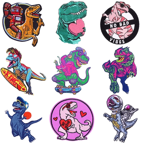 Punk Dinosaur Embroidery Patches Cartoon Animal Iron On Patches For Clothing DIY T-Shirt Jacket Backpack Decoration Adhesive Applique