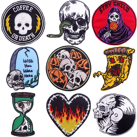 Patchs Brodés Punk Skull Pizza pour Vêtements DIY Thermocollants Gothic Skeleton Heart Flame Applique pour Veste