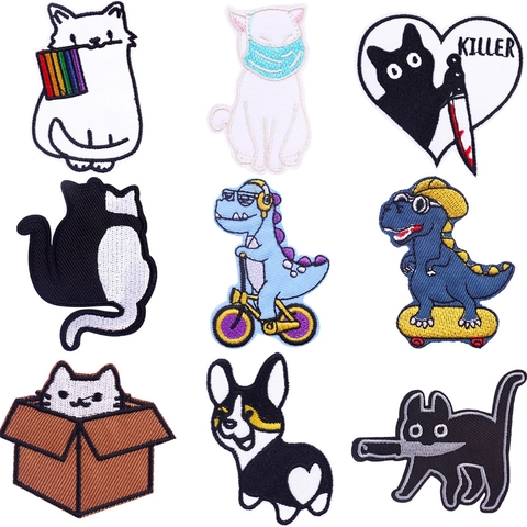 Cartoon Dinosaur Cat Corgi Embroidered Patches For Clothing DIY Iron On Applique Clothing Stickers Decoration