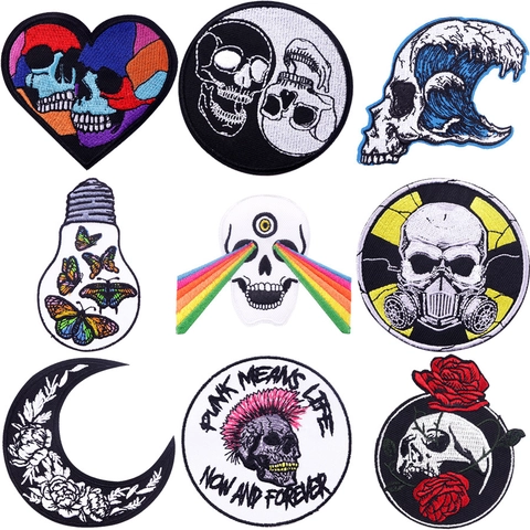 Écussons Brodés Punk Crâne Gothique Rose Papillon Thermocollant DIY Artisanat Badges Pour Vêtements Jeans Veste T-Shirt Décoration