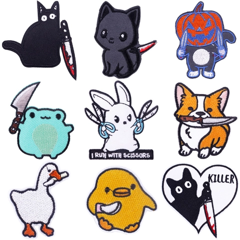 Cartoon Animal Holding Knife Embroidery Patch DIY Iron On Applique Funny Horror Cat Corgi Frog Embroidery Sticker For Clothes Decoration