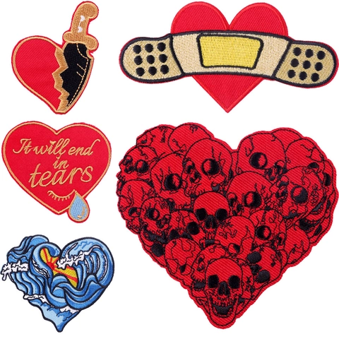 Gothic Heart Embroidery Patch Iron On Sew On Patches For Clothing DIY Punk Skull Wave Decorative Applique Badge For Backpack Jacket