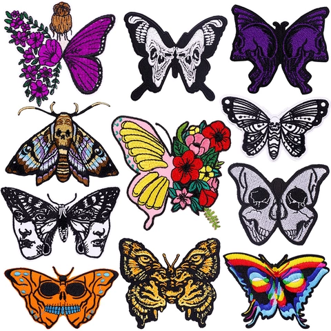 Punk Butterfly Skull Embroidery Patch Polyester Iron On Moth Patches For Clothing T-Shirt DIY Decoration Gothic Embroidered Applique